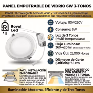 Panel 6 W 3 tonos borde vidrio — imagen 2