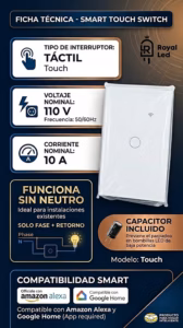 Switch inteligente táctil Wi-Fi Google Home y Alexa color blanco (1 botón) — imagen 3